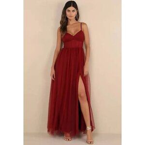 Lulu's Women's Convincingly Graceful Tulle Sleeveless Maxi Dress Wine Red Size M